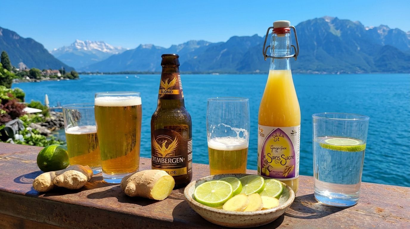 Bière suisse au gingembre Fée d'Or servie au bord du lac