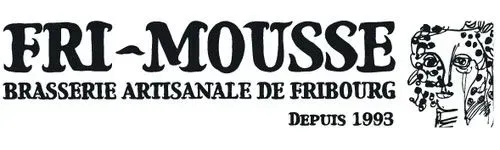 Logo pour Fri-Mousse, brasserie artisanale de Fribourg, Suisse, fondée en 1993, avec une illustration.