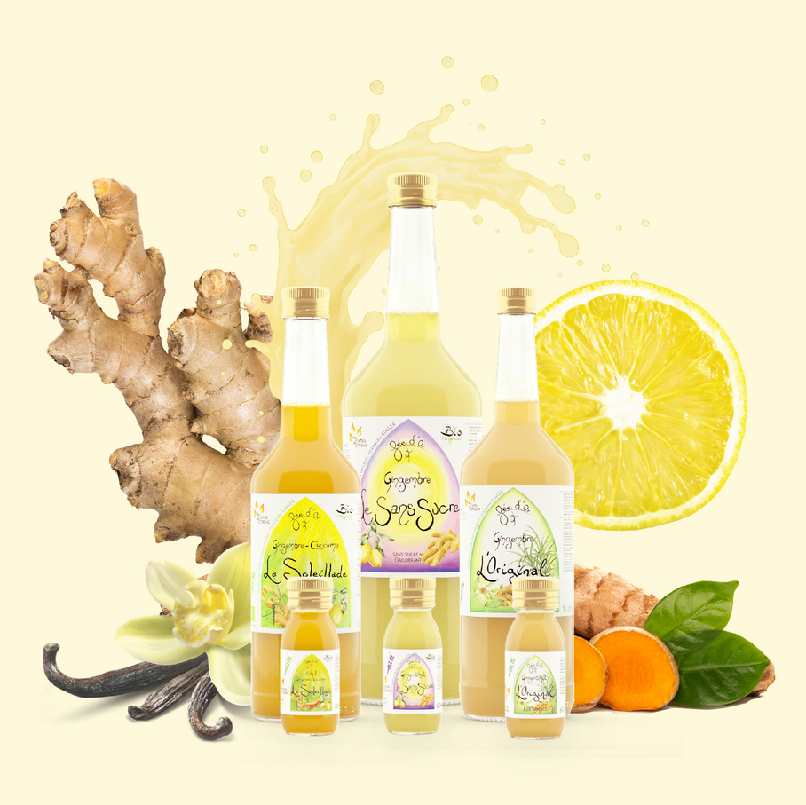 Ensemble des jus de gingembre crus Fée d'Or