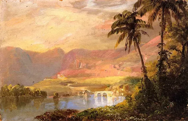 Paysage tropical avec palmiers, montagnes, lac et pont en arc. Couleurs chaudes : orange, rose et or.