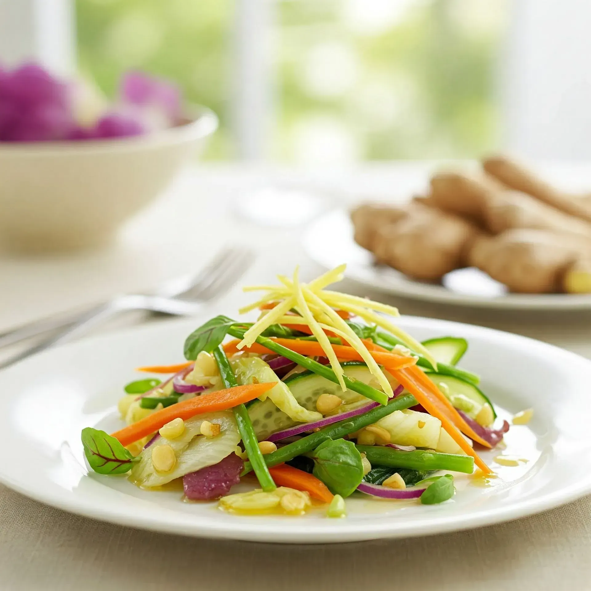 Salade de légumes colorés sur une assiette blanche ; gingembre et fleurs en arrière-plan.