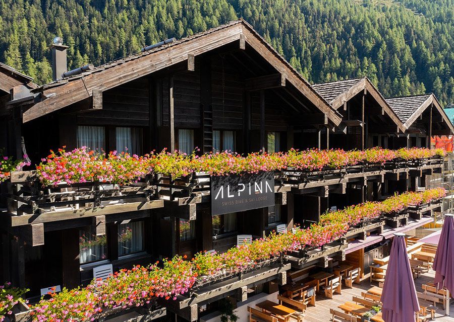 Hôtel alpin avec jardinières, façade en bois et arrière-plan forestier.