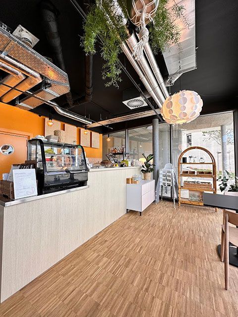 Intérieur d'un café avec un comptoir, un sol en bois et des plantes suspendues décoratives.