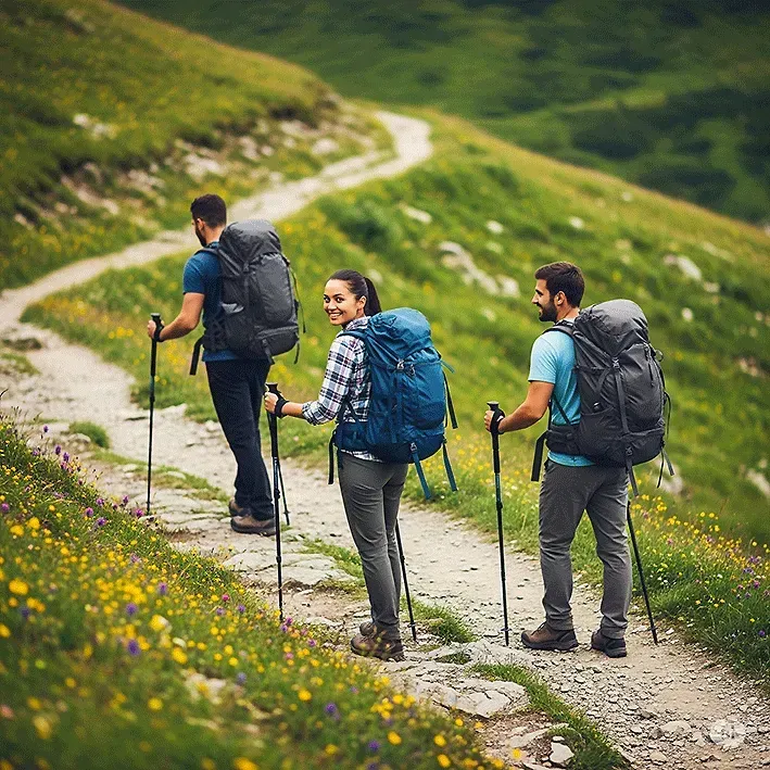 Trois randonneurs, sacs à dos sur le dos, gravissent un sentier sinueux à flanc de montagne verdoyante, s'appuyant sur des bâtons de marche.