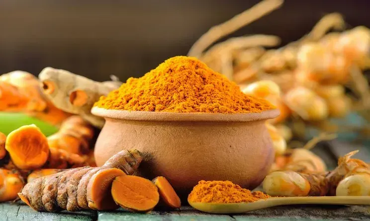 Un bol de poudre de curcuma orange vif, de la racine de curcuma fraîche et une cuillère.