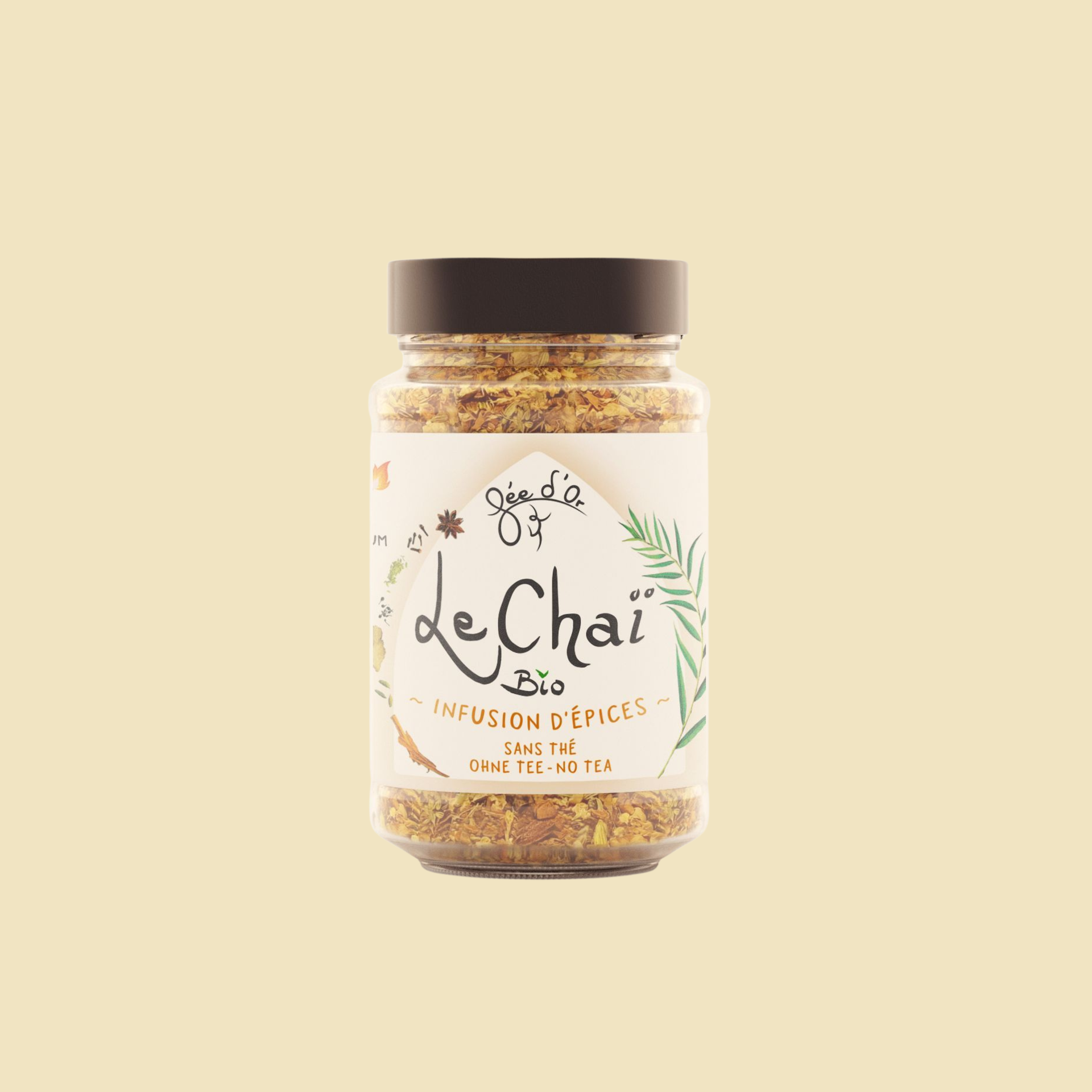 Pot d'épices pour infusion bio « Le Chai » sur fond beige.
