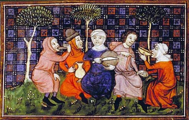 Personnages médiévaux réunis, buvant et mangeant en plein air ; fond floral et à carreaux.
