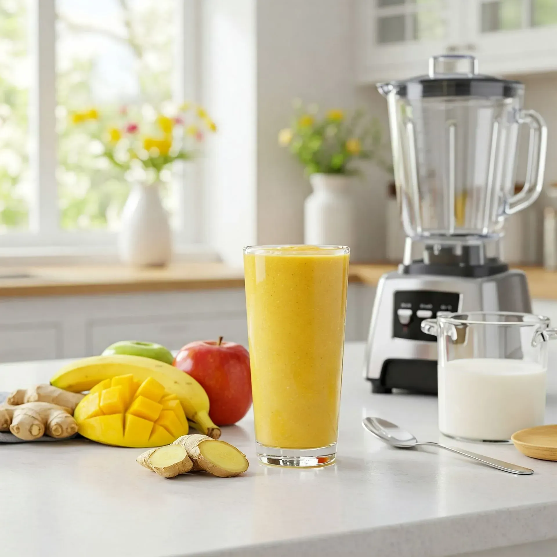 Smoothie et ingrédients : mangue, banane, pomme, gingembre et lait ; préparé au mixeur sur le plan de travail de la cuisine.
