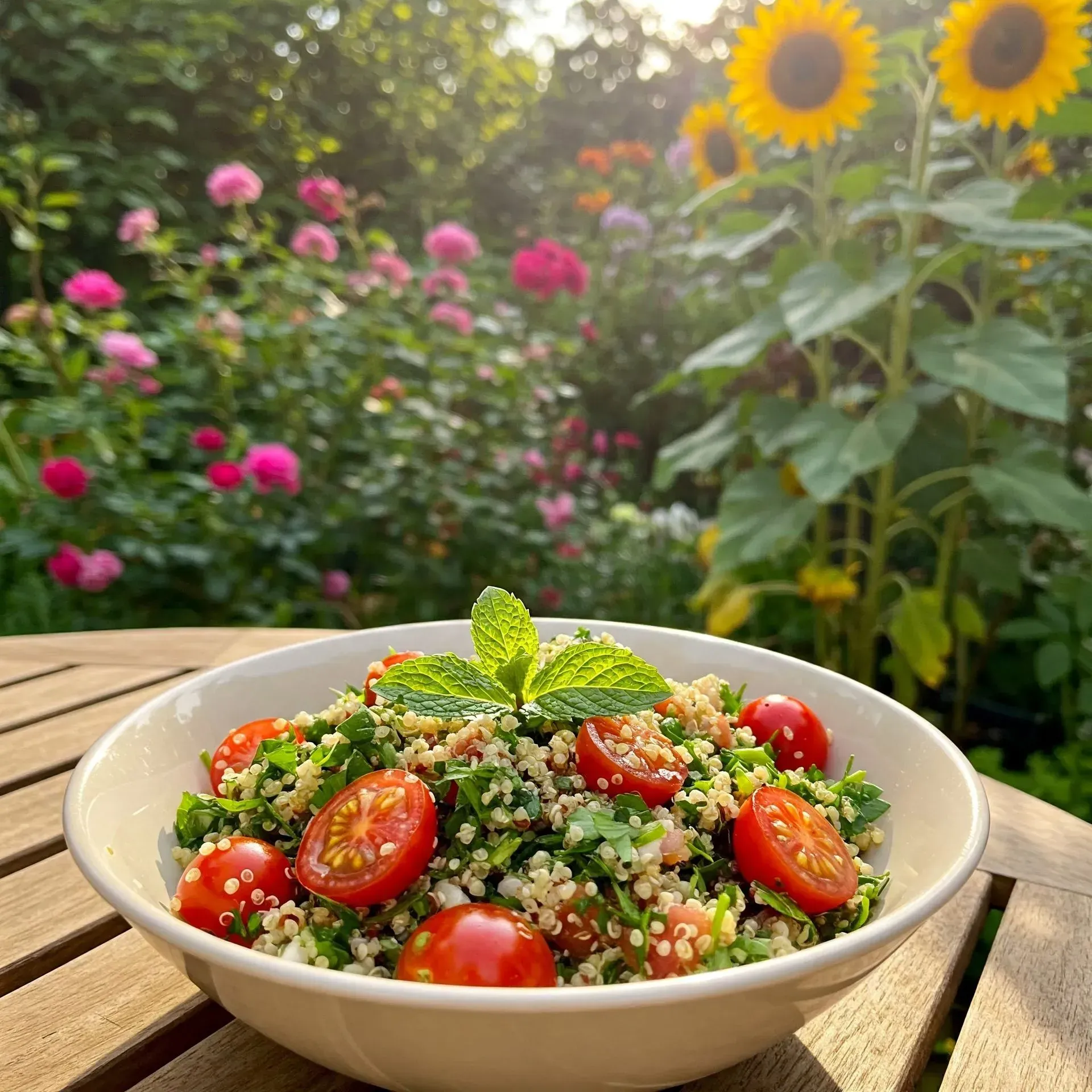 Un bol de taboulé aux tomates et à la menthe, posé sur une table dans un jardin orné de tournesols et de roses.