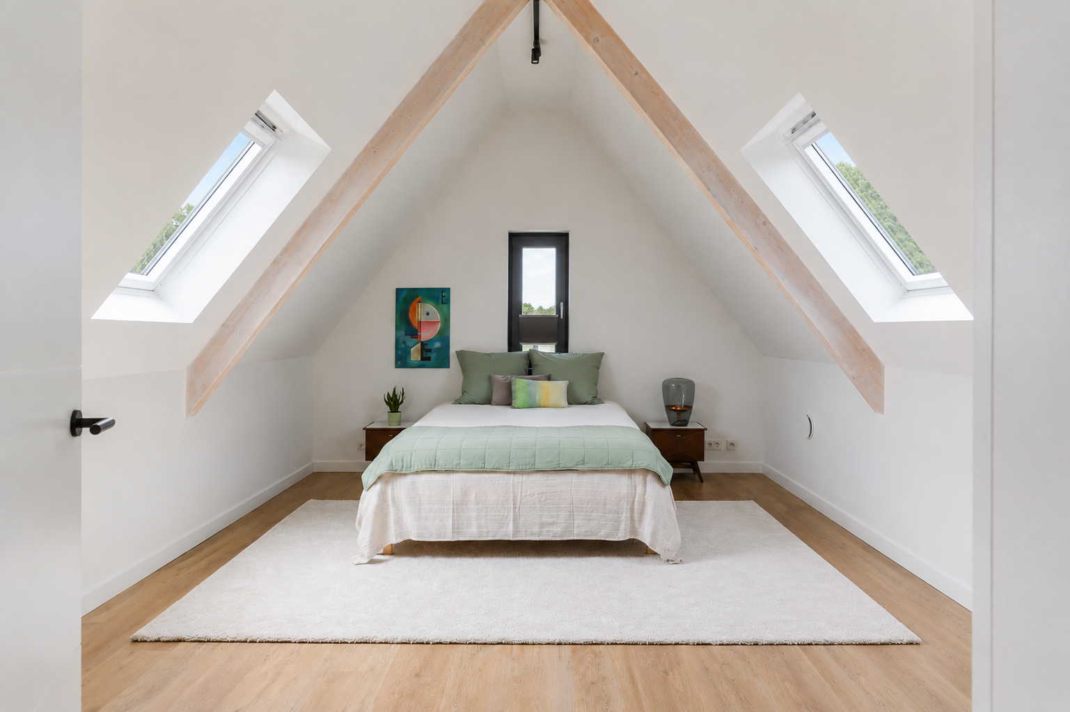 Ruime kamer met een lange houten eettafel, zwarte stoelen, een grote kast en prachtige kamerplanten in een modern penthouse.