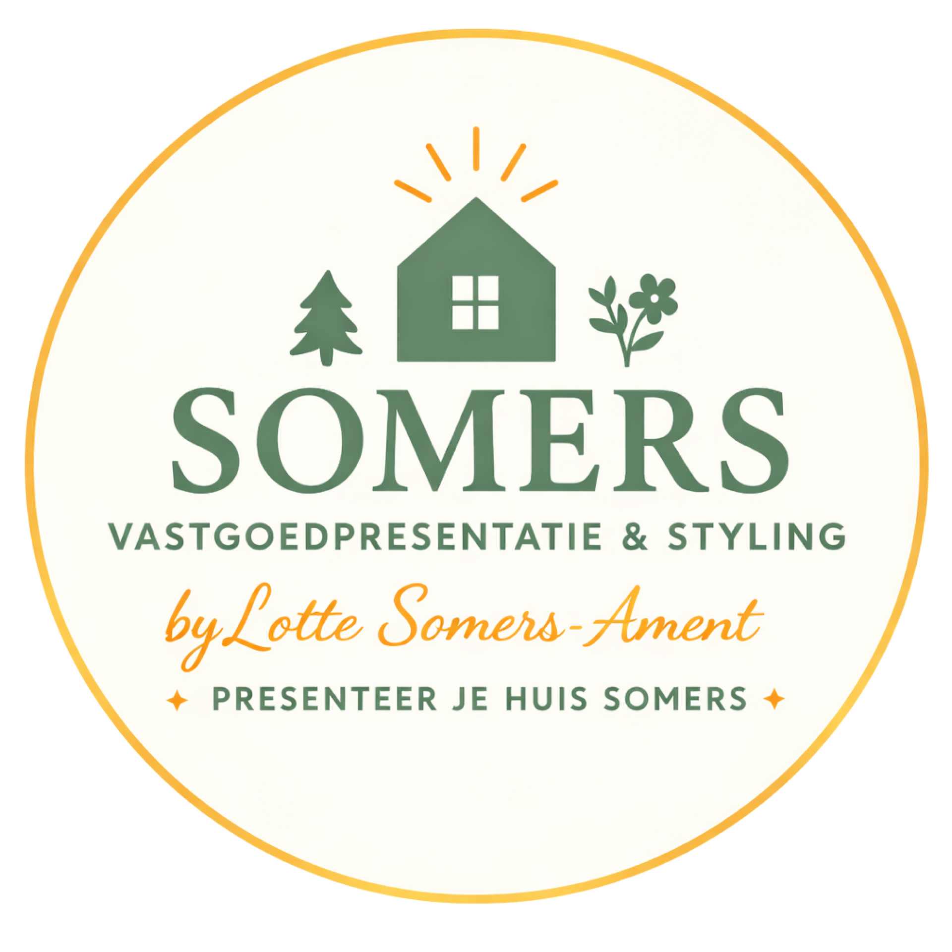 Logo voor Somers Vastgoed presentatie & Styling, met een illustratie van een huis, boom en bloem, aangevuld met de slogan: Presenteer je huis Somers.