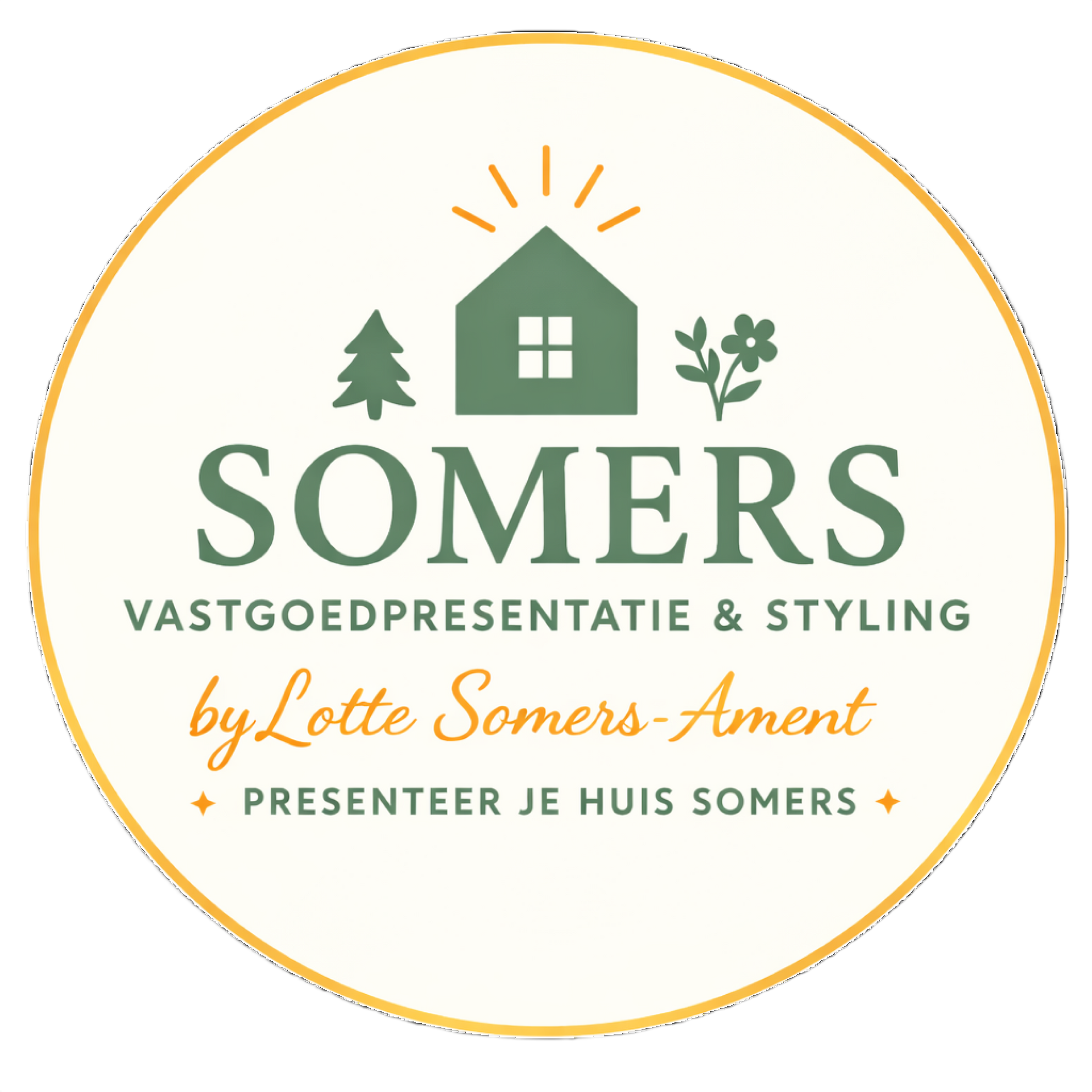 Logo voor Somers Vastgoed presentatie & Styling, met een illustratie van een huis, boom en bloem, aangevuld met de slogan: Presenteer je huis Somers.