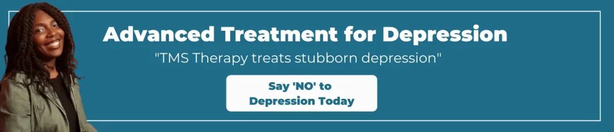 a woman is standing in front of a sign that says advanced treatment for depression