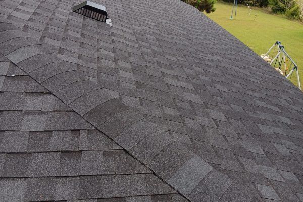 Dark gray shingled roof with a ridge vent and a ladder on the right side