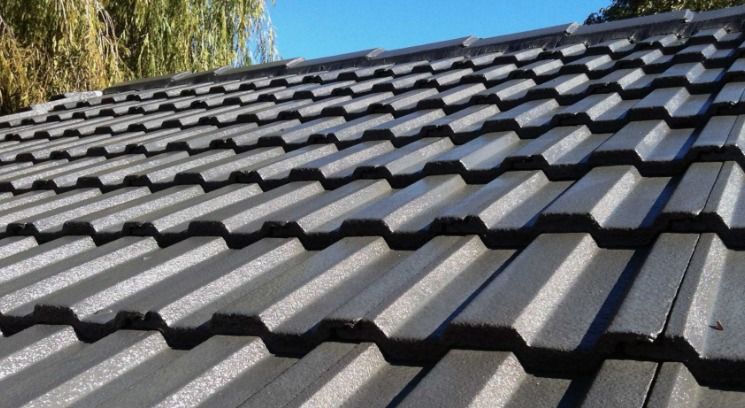 Dark gray tiled roof with trees visible in the background