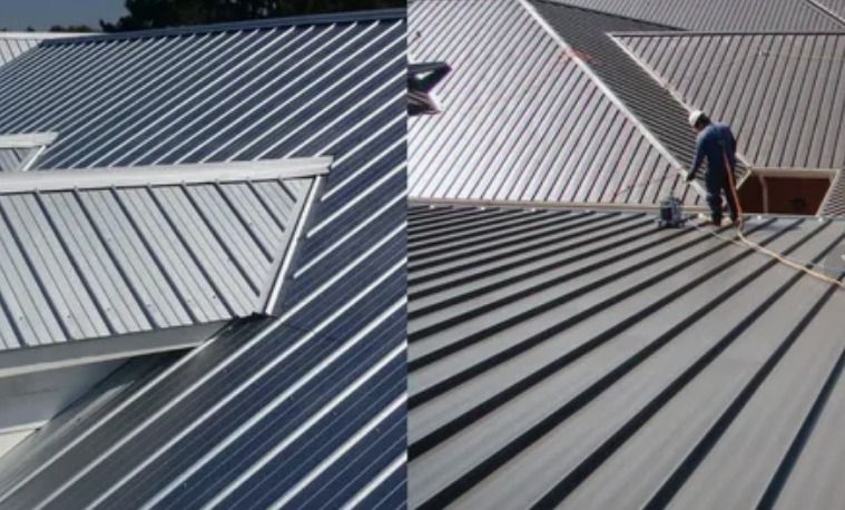 Two rooftop photos of a gray metal roof, with a worker inspecting the seams on the right.
