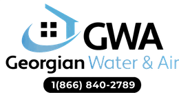 GWA logo with blue house and water swoosh, Georgian Water & Air text, and phone number 1(866) 840-2789