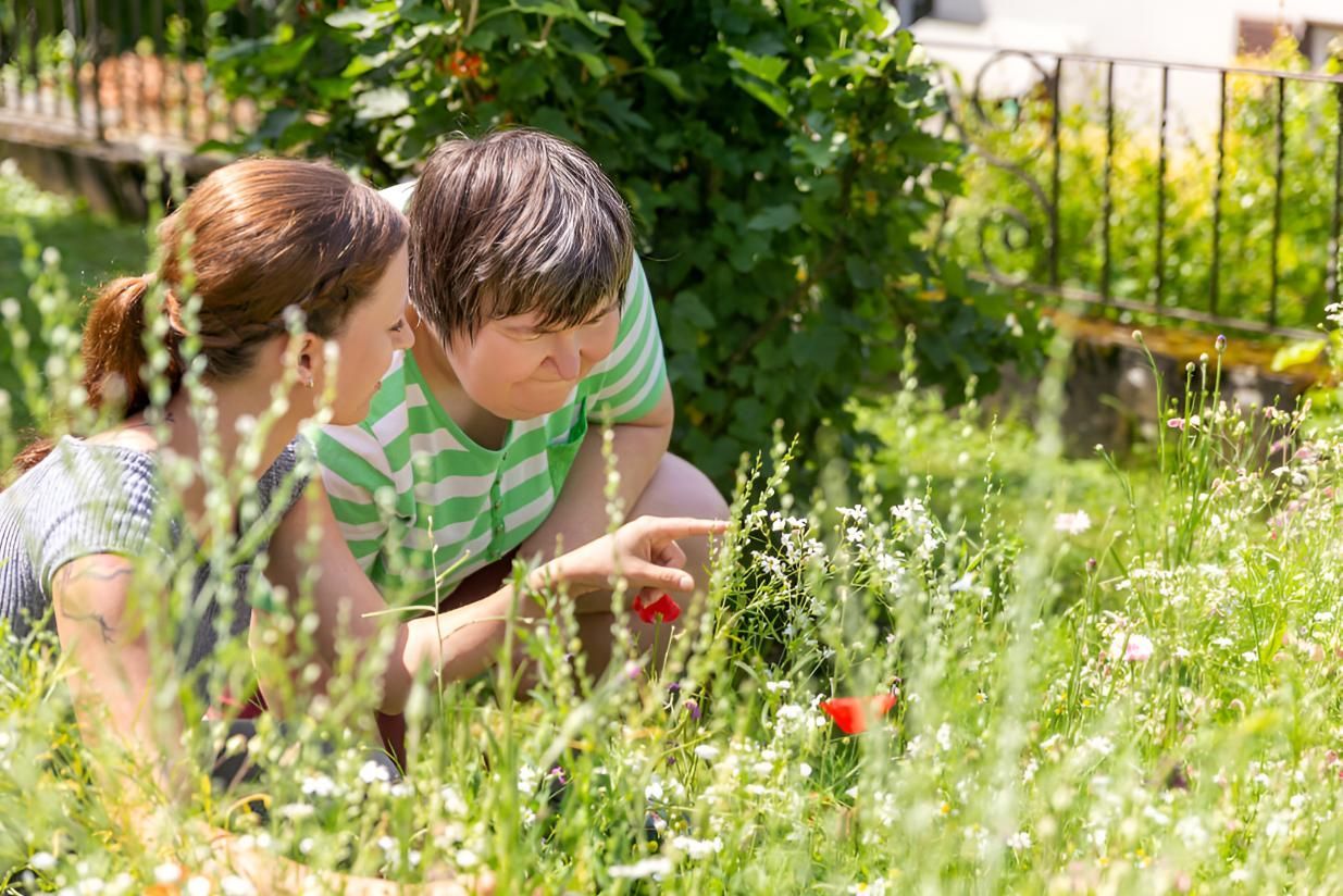 A Woman and a Child Are Looking at Flowers in a Garden — Active Lifestyle Supports In Wollongong, NSW