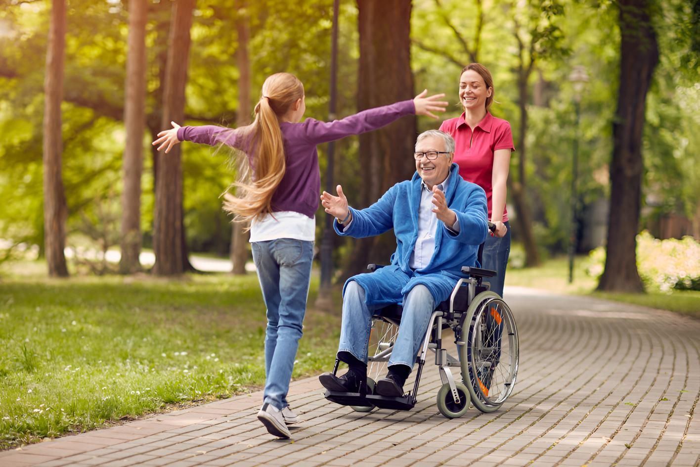 A Little Girl is Running Towards an Elderly Man in a Wheelchair — Active Lifestyle Supports In Tullimbar, NSW