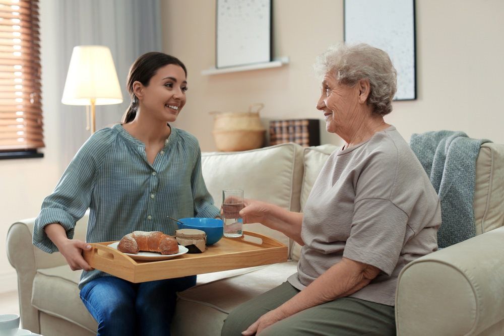 Smiling Man in Wheelchair With Nurse Assisting Him — Active Lifestyle Supports In Tullimbar, NSW