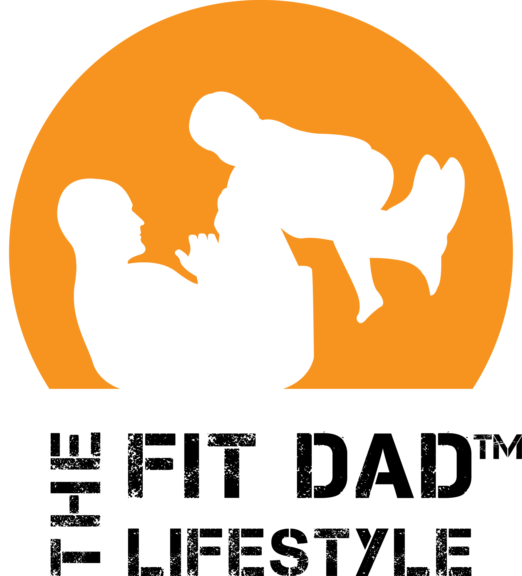 Orange circle with silhouette of a person on back lifting a child. Text: Fit Dad Lifestyle.