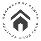 A dark grey minimalist logo featuring a stylized house icon surrounded by the circular text "MANAGEMENT DESIGN VENTURA BROS CORP".