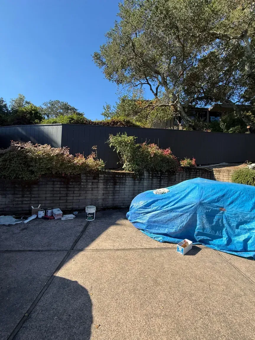 A car covered in a bright blue tarp sits on a concrete driveway in front of a stone retaining wall and a dark fence.