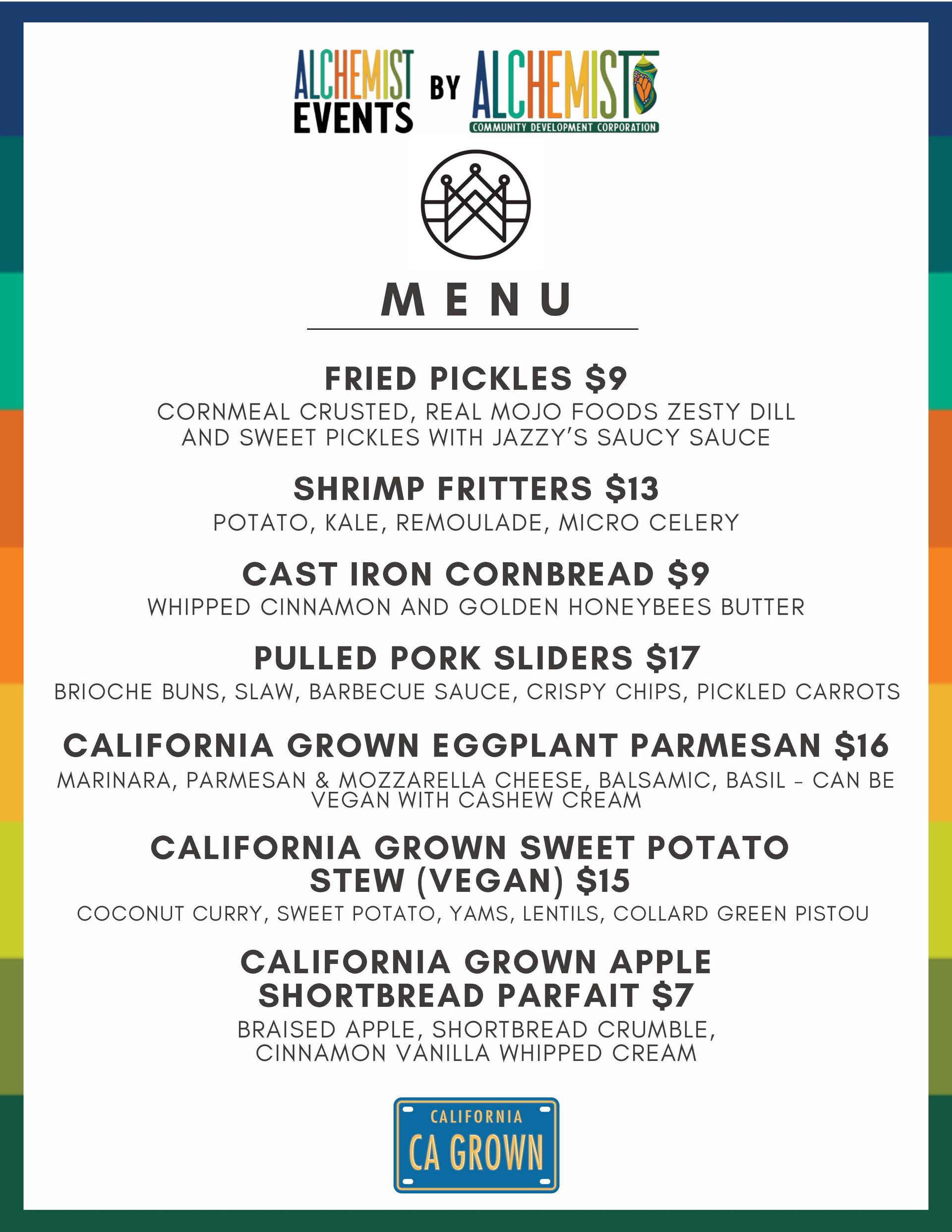 Menu for Alchemist Events: fried pickles, shrimp fritters, cornbread, pulled pork sliders, eggplant parmesan, sweet potato stew, and apple parfait.