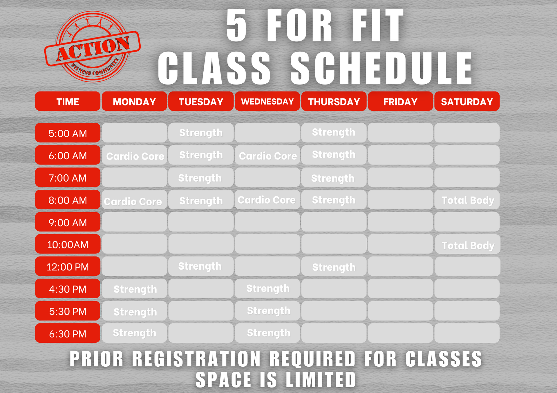 A sign that says 5 for fit class schedule on it