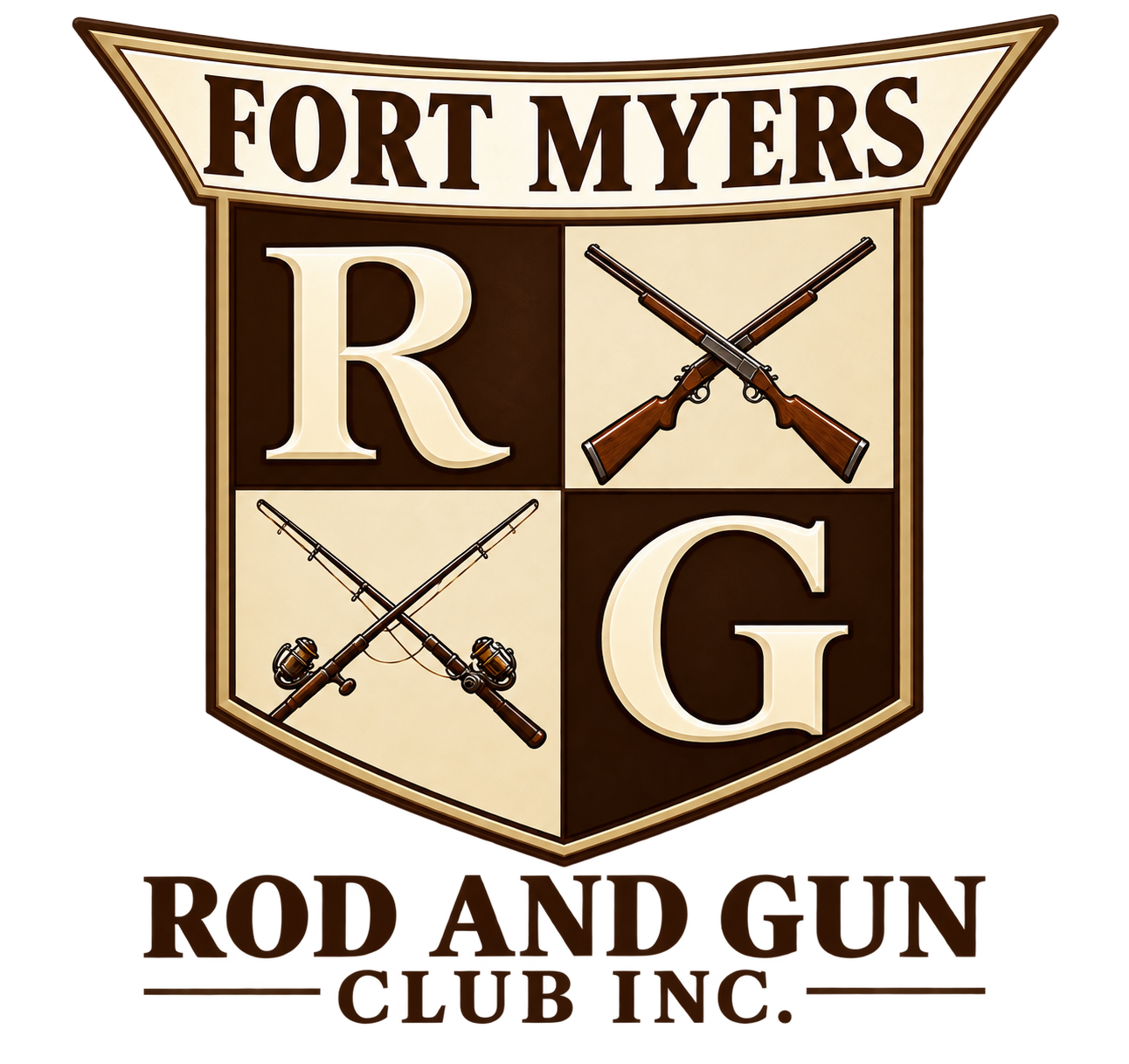 Fort Myers Rod and Gun Club Inc. logo with shield, crossed rifles, and initials R and G