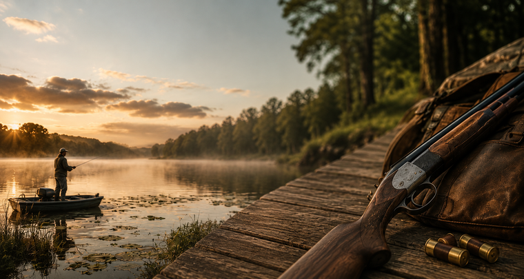 Angler on a small boat at sunrise beside a misty lake, with fishing gear in the foreground