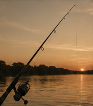 Fishing rod by a calm lake at sunset, silhouetted against orange sky and water.