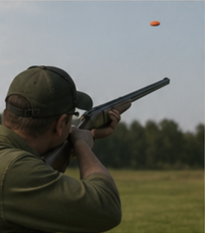 Person aiming a shotgun at an orange clay target over a field