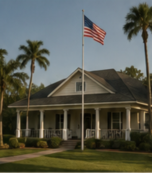 American flag flying above a white colonial-style house with palm trees in front