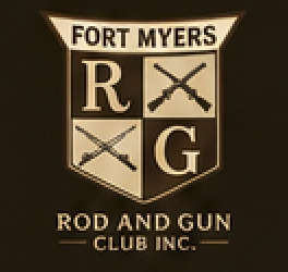 Fort Myers Rod and Gun Club Inc. logo with shield emblem and crossed guns, gold on dark background