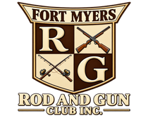 Fort Myers Rod and Gun Club Inc. logo with shield, crossed guns, and brown serif text