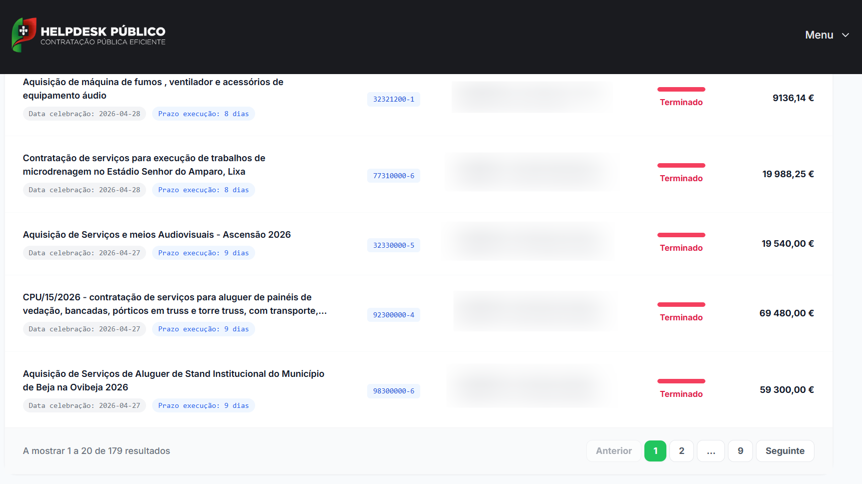 Exemplo de consulta do mercado contratual no Market Intelligence do Helpdesk Público