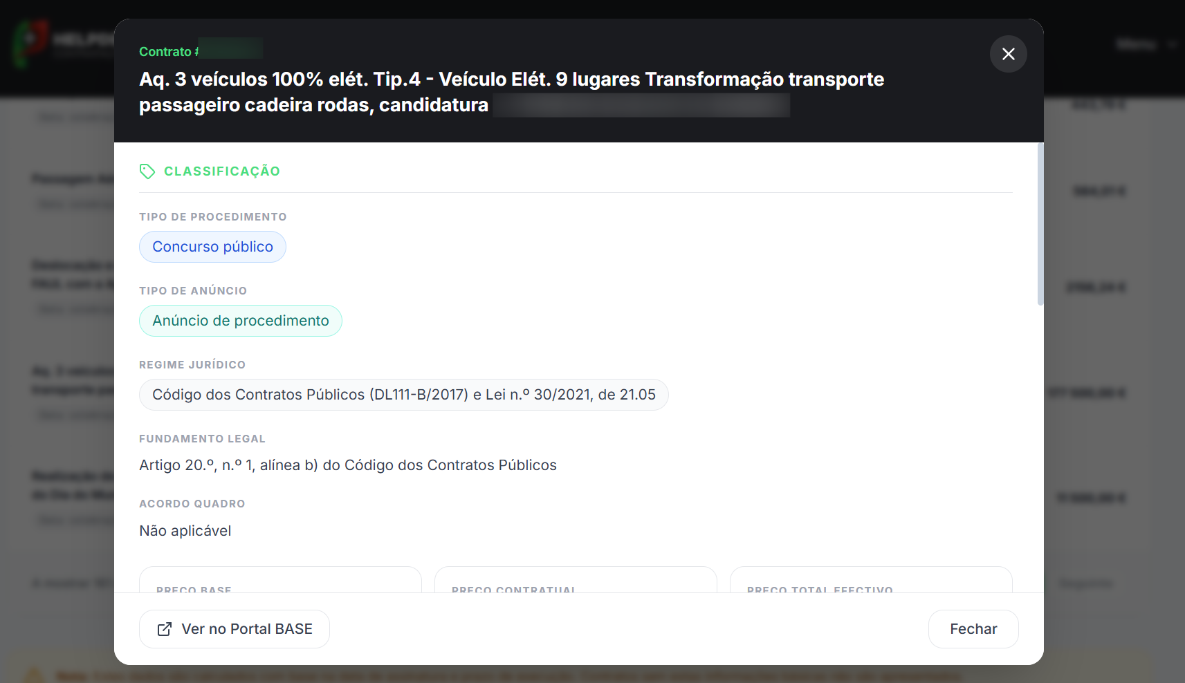 Exemplo de ficha detalhada de contrato no Market Intelligence do Helpdesk Público