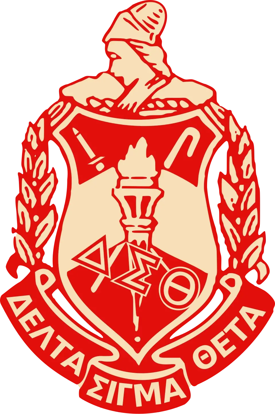 Red Greek fraternal crest with torch, laurel wreath, and banner reading 