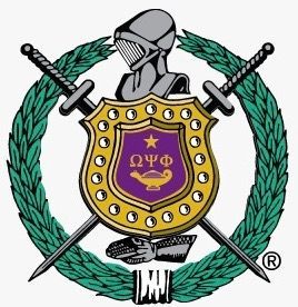 Phi Beta Sigma crest: purple shield with gold trim, crossed swords, green laurel wreath, and gray knight helmet