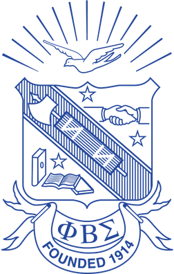 Phi Beta Sigma shield logo with blue stars, handshake, dove, books, torch, and ribbon reading “Founded 1914.”