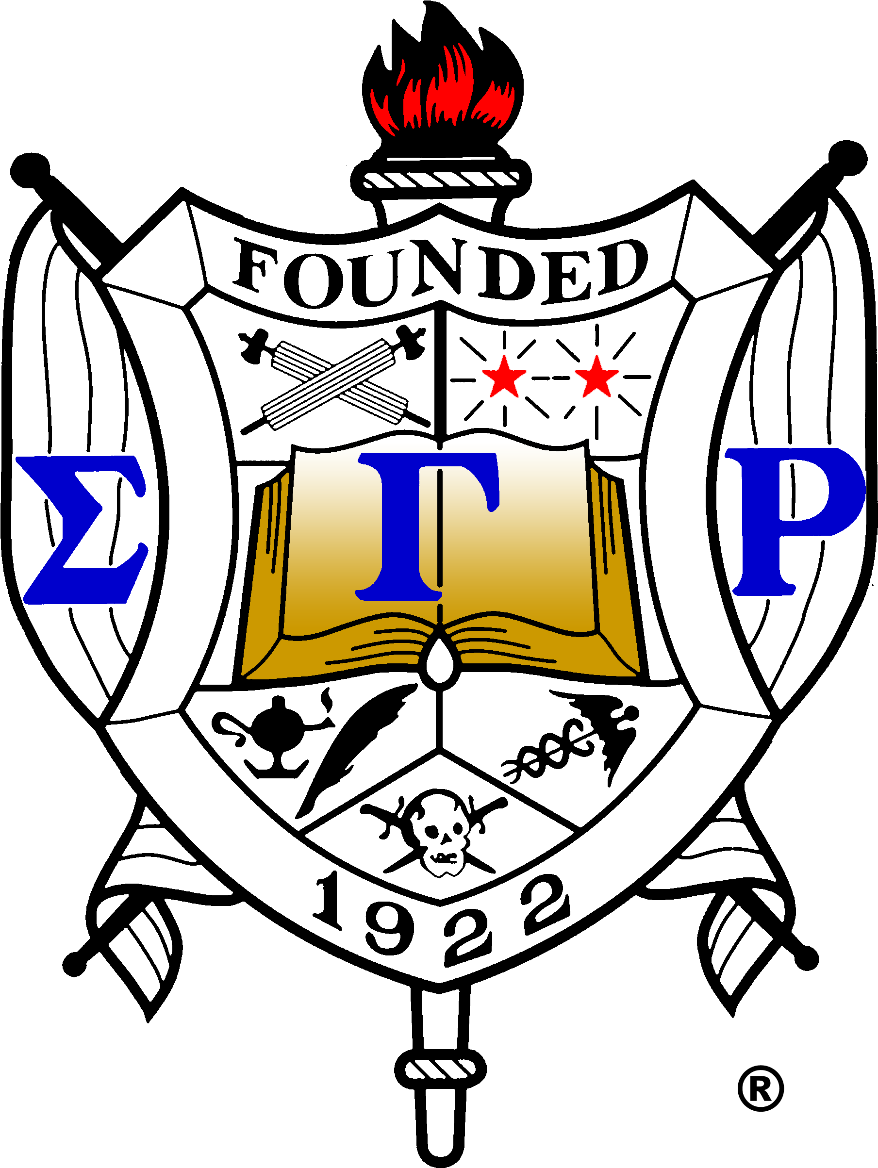 Sigma Gamma Rho crest with black torch, blue Greek letters, open book, and founded 1922 ribbon