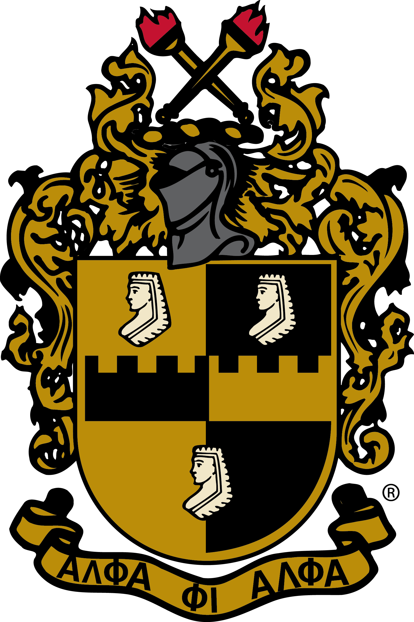 Black and gold crest with shield, crossed torches, lions, and Greek letters ΑΦΑ on ribbon