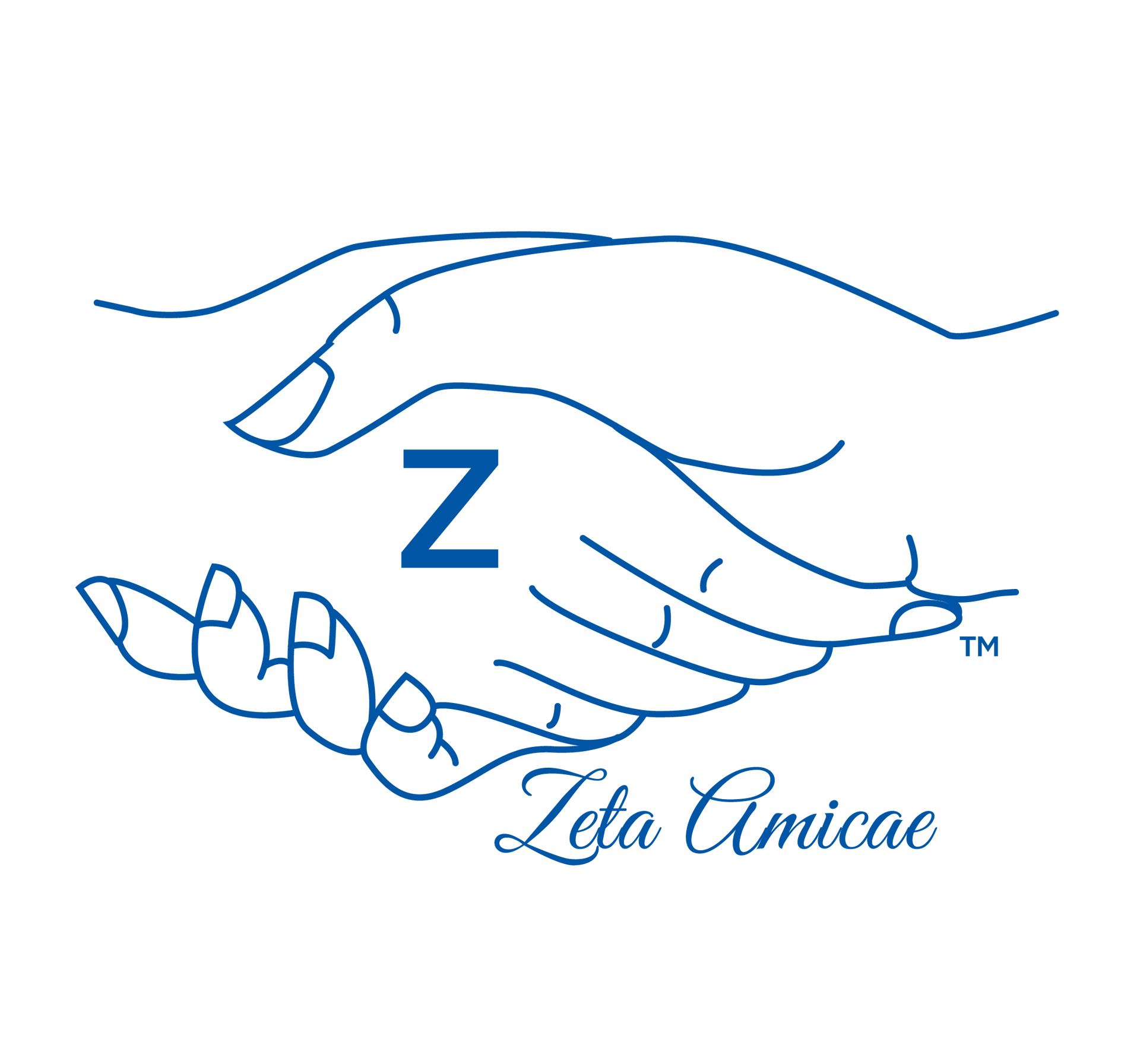Blue line-art of two hands, a Z, and the words “Zeta Amicae”