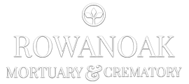 Rowanoak Mortuary & Crematory logo with a black and white stylized leaf design in a pentagon shape.