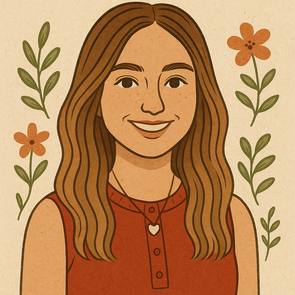 Smiling woman with long brown hair, wearing a red top, with floral and leaf embellishments.