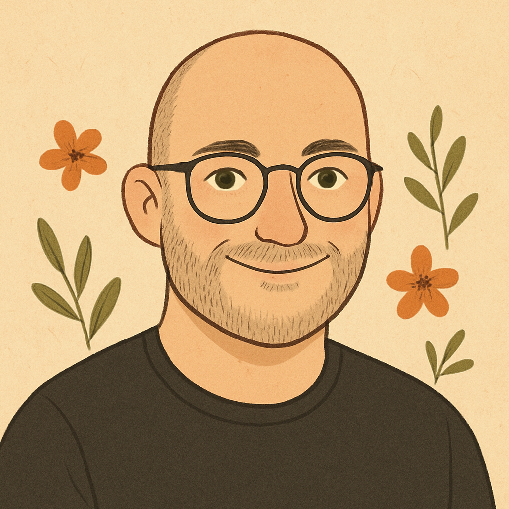 Illustration of a smiling bald man with glasses, surrounded by flowers and leaves on a cream background.