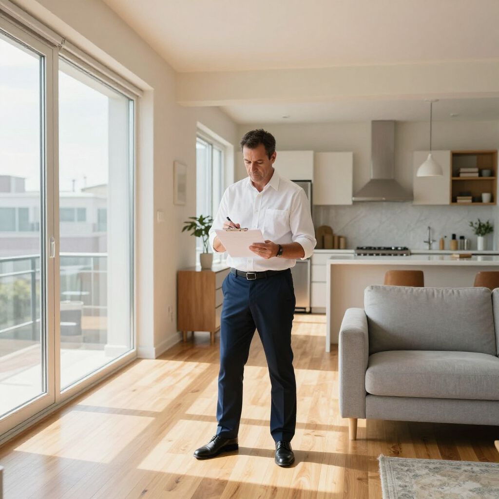 A professional holding a clipboard stands in a modern, sunlit living area, looking down while taking notes.
