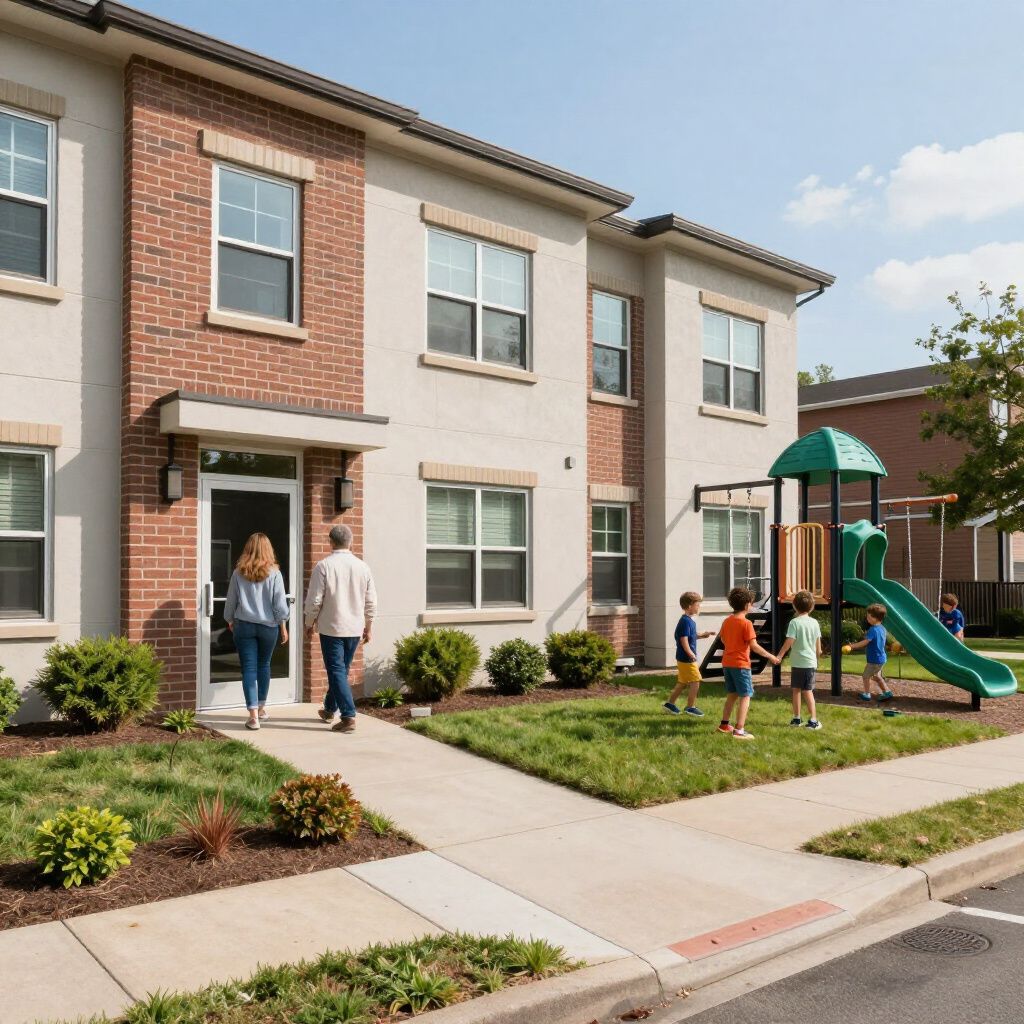 Two people walk into a brick apartment building while children play on a nearby slide in a sunny residential courtyard.