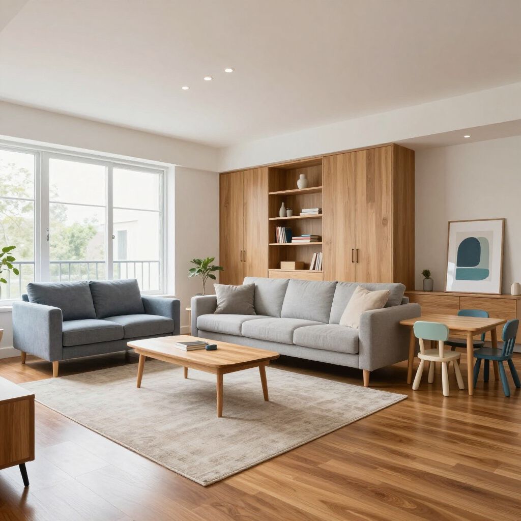 A bright living room with a gray sofa, a smaller blue sofa, a wooden coffee table, and a built-in wooden cabinet unit.